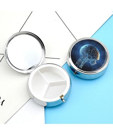 Round Pill Box with AI Brain Print - 3 Compartment Decorative Metal Portable Pill Organizer - Ideal for Travel - Buy Online on GoSupps.com