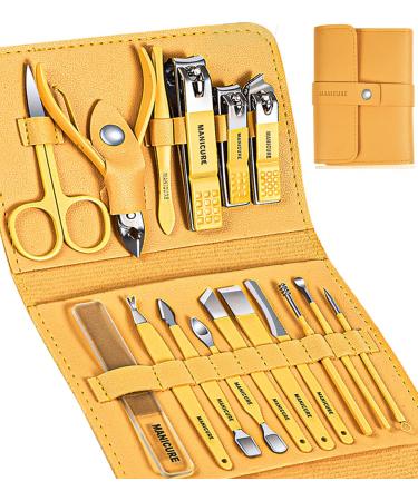 Manicure set Sumwitum nail care kit 16 PCS Nail Clippers Pedicure Kit Stainless Steel Professional Tools with Leather For Women/Men/Friends and Parents Gifts (Yellow)