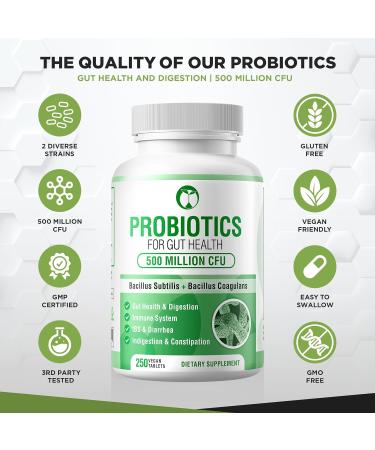 Gut Health Probiotic Supplement | Daily Complex for Men & Women | 250 Tablets | 500 Million CFU Bacillus Subtilis & Coagulans - Buy Online on GoSupps.com