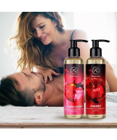 Sensual Massage Oil Set 2x200ml - Strawberry & Cherry - Edible Kissable Body Massage Oil with Almond & Grape Seed Oil for Couples - Buy Online on GoSupps.com