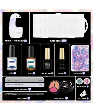 Morovan 3-in-1 Nail Tips and Glue Gel Kit with 240 Clear Coffin Nails - DIY Nail Extension Set with Mini Lamp - Buy Online on GoSupps.com