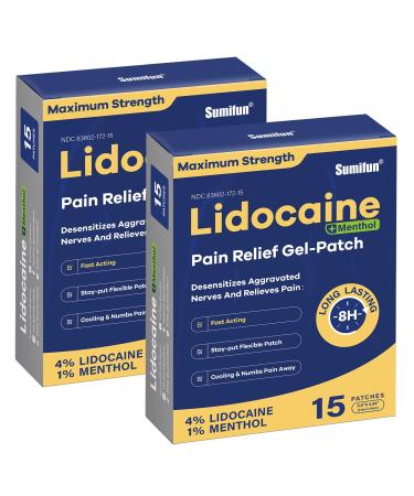 Sumifun 4% Lidocaine Patches Plus 1% Menthol - 30 Counts Maximum Strength OTC Pain Relief Patches for Back Ache Stiff Neck Joint Pain Muscle Soreness Topical Analgesic 15 Count(Pack of 2) Blue