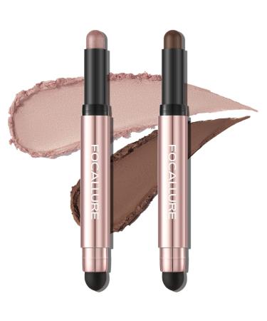 FOCALLURE 2PCS No Crease Eyeshadow Stick Shimmer and Matte Cream Eyeshadow Pencil Crayon Long Lasting Waterproof Eye Brightener Stick With Blending Brush Luscious Dream