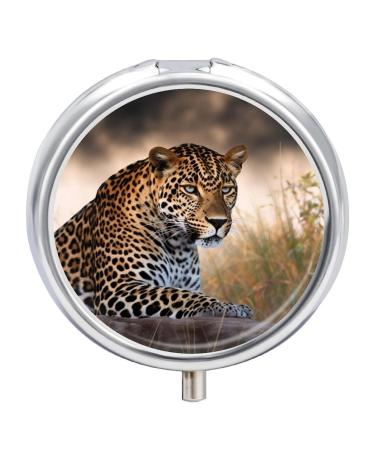 Round Pill Box African Animal Leopard Print 3 Compartment Medicine Pill Case Print Pill Organizer Decorative Metal Portable Pill Box Pocket Pill Box Style