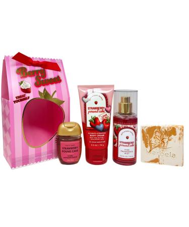 Bath & Body Works Strawberry Pound Cake Berry Sweet Travel Gift Set - Fine Fragrance Mist - Ultimate Hydration Body Cream - Hand Gel - with a Peach Gardenia Sample Soap - Travel Size