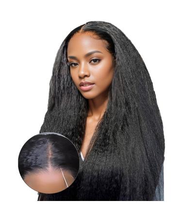WEAR AND GO GLUEST WIG UPGRADED PRE CUT Lace Wig Pre Plucked Natural Hairline Glueless Kinky Straight Wig Blacheted Knots Upgraded for Black Women 4 4 HD Lace Beginner Friendly 180% Density 24inch Kinky Straight-1b 24Zoll (60cm)