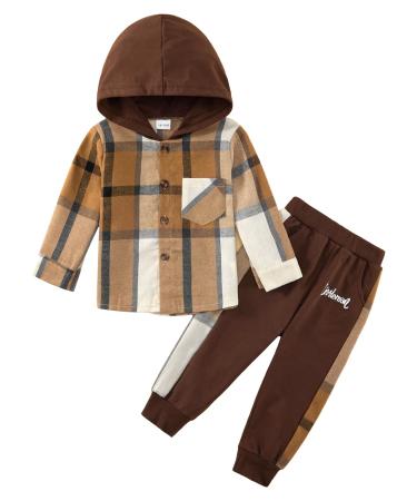 Naiyafly Toddler Boys Clothes Set Kids Long Sleeve Hoodie Plaid Sweatshirt Tops + Pants Outfit Set Children Hooded Button Down Shirts Bottom Tracksuit Boys School Playsuit 18-24 Months Khaki Plaid