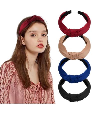 4 Pieces Headbands for Women Boho Wide Knot Hair Band Elastic Hair Hoop Plain Elastic Head Wrap Vintage Style Fabric Hair Band Accessories for Women and Girls