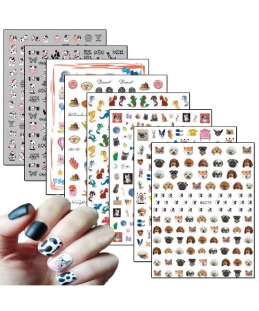 8 Sheets Cute Animal Nail Art Adhesive Sticker Cows Dog Cat Pig Dragon Cartoon Nail Stickers 3D Nail Art Design for Women Girls Manicure Tips Charms Decoration Acrylic Nails Supplies Nail Decals