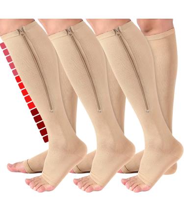 Iseasoo 3 Pairs Zippre Compression Socks - Calf Knee High Open Toe Compression Stockings 15-20mmHg for Walking,Running 01 Nude Small-Medium