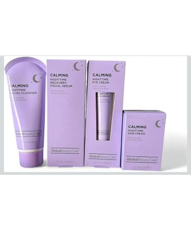 Calming Nighttime Skincare Set Lavender Melatonin Aloe Formula 4 Pieces with Facial Cleanser Recovery Serum Eye Cream Skin Cream