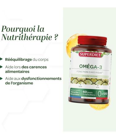 SUPERDIET - OMEGA 3 - DHA - EPA - Heart function - Wild fish oil - Nutritherapy - Packaged in France - 120 capsules - Buy Online on GoSupps.com