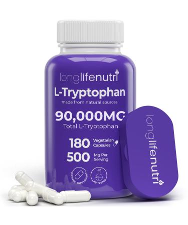 L-Tryptophan 500mg 180 Vegetarian Capsules 6-Month Supply for Sleep Aid and Mood Stability Lab Tested Made in USA Non-GMO 180 Count (Pack of 1)