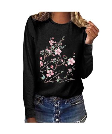 Women Long Sleeve Tshirts Tops Trendy Floral Print Crewneck Cute Sweatshirt Casual Loose Fit Comfy Sweater Blouses Medium A01black