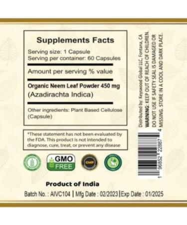 VedaSecrets Neem Capsules 60 Count | Azadirachta Indica | Made with Organic Neem Powder | Herbal Supplement | Ayurvedic Nutrition | Natural Wellness | Detox & Immune Support | Skin & Hair Health - Buy Online on GoSupps.com