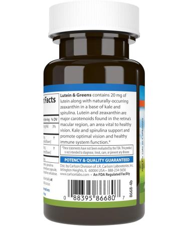 Carlson - Lutein & Greens 20 mg Vision Support & Eye Function Antioxidant 30 Vegetarian Capsules 30 Count (Pack of 1) - Buy Online on GoSupps.com