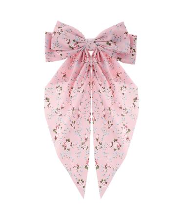 Andibro Pink French Bow Hair Clip Flower Pattern Ribbon Bow Hairpins Long Tail Big Bow Barrettes Soft Silky Satin Hairclips 90's Aesthetic Hair Accessories Decor with Metal Clip for Women