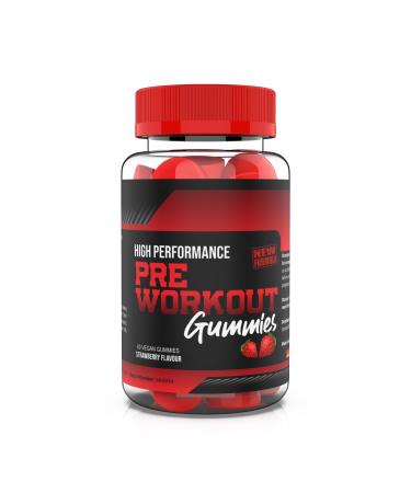 Pre Workout Gummies Vegan Chewable Gummies Increase Energy Levels and Focus - High Performance - Strawberry Flavour - 60 Gummies