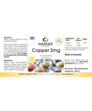 Copper Capsules 2mg - Vegan - 100 Capsules - Copper Bisglycinate | Warnke Vitalstoffe | German Pharmacy Quality - International Shipping - Buy Online on GoSupps.com