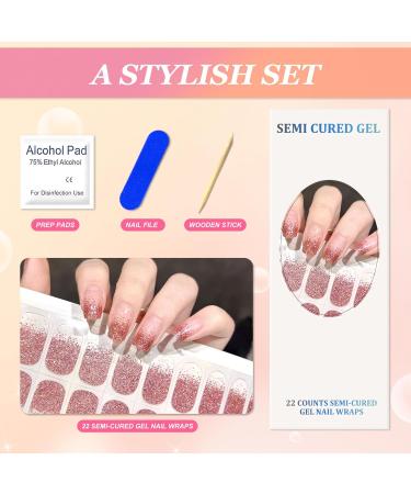 Semi Cured Gel Nail Wraps 22Pcs Rose Gold Glitter Gel Nail Polish Strips Self-Adhesive Gel Nail Stickers Salon-Quality French Manicure Stickers with Soft Glossy Gel Finish UV/LED Lamp Required Glitter Rose Gold - Buy Online on GoSupps.com