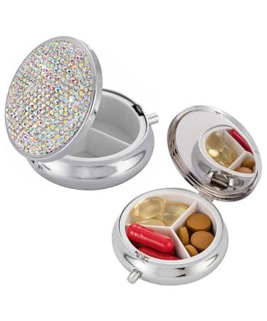 Shiny Diamonds Pill Box Pill Organizer Travel 3 Compartment Medicine Pill Case Holder Round Medicine Organizer for Vitamin/Fish Oils/Supplement