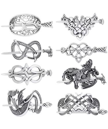 GuoShuangGuoShuang 8 Pcs Viking Celtic Long Hair Clips - Vintage Silver Celtic Knot Hair Stick Jewellery Hair Slide and Metal Hairpin Barrettes for Women and Girls - Minimalist Hair Accessories with Retro Charm Women Vik...
