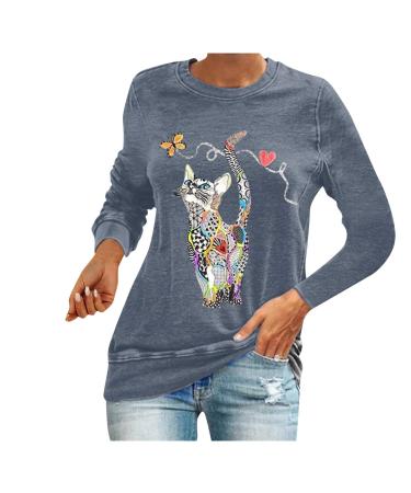 NHNKB Sweatshirt Women's Black Long Sleeve Women's Sweatshirt Cotton T-Shirt Women's with Print Cat Top Women's Black Elegant Casual Neck Shirt Women Blouse Long Sweatshirts Jumper Sleeves S Gray