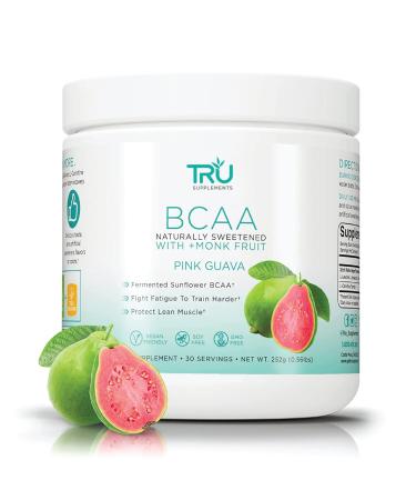 TRU BCAA Powder, Plant Based Branched Chain Amino Acids, Vegan Friendly, Zero Calories, No Artificial Sweeteners or Dyes, (30 Servings, Pink Guava) 30 Servings (Pack of 1) Pink Guava