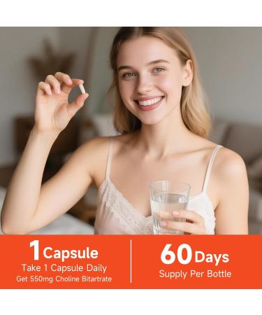 Choline Bitartrate 550mg, Supports Liver & Brain Health, High Absorption Choline Supplements, Non-GMO, Gluten-Free, Made in USA, 60 Vegan Capsules 60 Count (Pack of 1) Choline Bitartrate - Buy Online on GoSupps.com