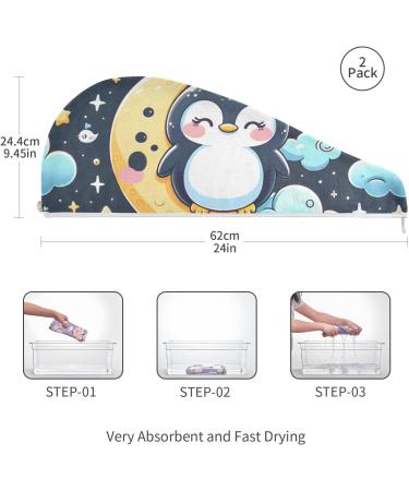 Buy Cute Penguin Moon & Star Hair Towel 2 Pack - Super Absorbent Quick Dry Hair Turbans for Women & Girls - Buy Online on GoSupps.com