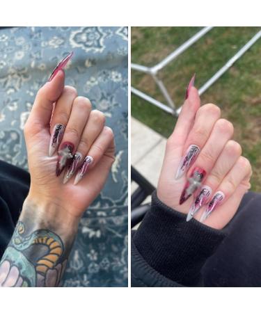 IMSOHOT Long Gothic Stiletto Press-On Nails - Black Red Ombre Glossy False Nails with Metal Cross Charms | 24PCS Reusable Almond Acrylic Full Cover - Buy Online on GoSupps.com