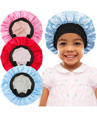 3 Pack Kids Satin Bonnet Double Layer Child Sleeping Cap Silky Night Sleep Caps Elastic Wide Band Soft Breathable Satin Caps Kids Hair Bonnets for Girls Baby Toddler Teens (Pink+Blue+Red)