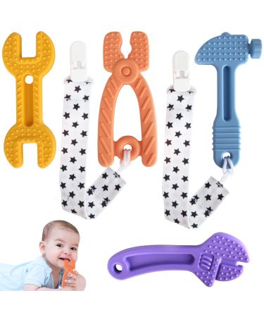 Fu Store 4 Pack Soft Silicone Teething Toys for Toddlers Infant Hammer Wrench Spanner Pliers Tools Shape Baby Teethers Relief Soothe Babies Gums Set (Hammer Set) 4 Pack Hammer Set
