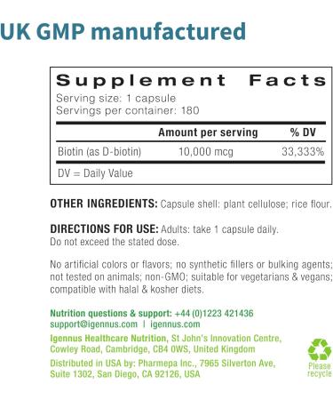 Biotin 10,000mcg High Strength Supplement - 180 Small Tablets for Hair, Skin & Nails - Lab Verified, Vegan & Hypoallergenic by Igennus - Buy Online on GoSupps.com