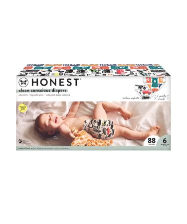The Honest Company Clean Conscious Diapers | Plant-Based, Sustainable | This Way That Way + Big Trucks | Super Club Box, Size 6 (35+ lbs), 88 Count Size 6 This Way That Way + Big Trucks
