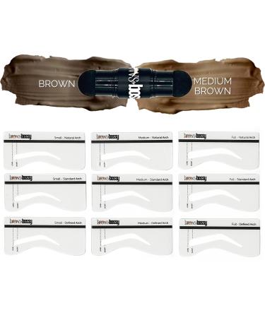 Brows by Bossy Dual-Color Eyebrow Stamp Stencil Kit with 9 Reusable Eyebrow Stencils for Professional Brow Stamping Shaping Kit and Instant Long Lasting Filling and Waterproof Tinting Definer medium brown / brown