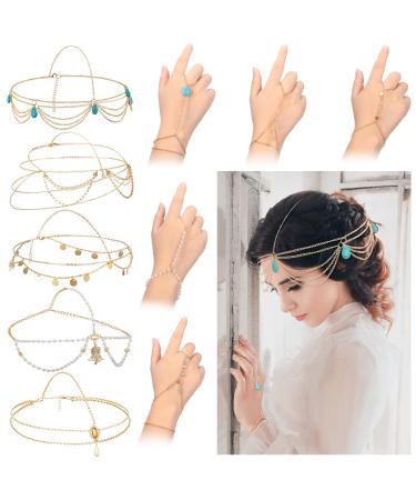 Kenning 10 Pcs Gold Hand Chain and Head Set Coins Pearl Tassel Headpiece Boho Crystal Finger Ring Bracelet Festival Jewelry Bohemian Circle Sequins Hair Band Headband for Women Girls