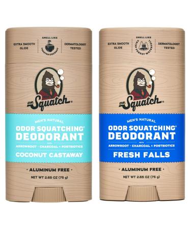 Men's Natural Deodorant - Aluminum-Free Deodorant from Dr. Squatch - Natural Deodorizer - made w/postbiotics & charcoal - Deodorant for Men - Smell fresh with Coconut Castaway and Fresh Falls (2 Pk) Tropical Tide
