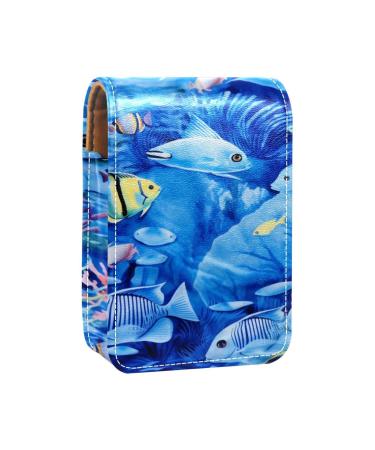 Lipstick Case Leather Lip Gloss Lipstick Organizer with Mirror Mini Lipstick Holder Bag Fish in Deep Sea P554t7dylo