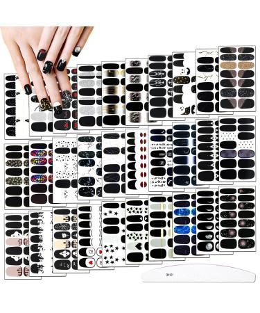 XEAOHESY 30 Sheets Black Nail Polish Strips Stickers with Nail File Nail Stickers Full Nail Wraps Self-Adhesive Black Gel Nail Strips Real Nail Polish Stickers for Women Nails Art 30 Sheets Black Nail Wraps