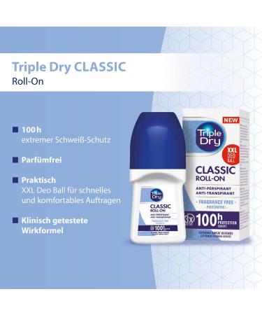Triple Dry Antiperspirant Roll-On 50ml - Triple Dry - Antibacterial Deodorant for 72h Protection - Fragrance-Free Antiperspirant - Buy Online on GoSupps.com