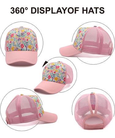 Girls Pony Hat - Distressed High Ponytail Messy Bun Baseball Cap for Kids (4-10 years) - Pink Floral Sun Protection Trucker Hat - Buy Online on GoSupps.com