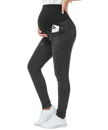 PACBREEZE Women's Maternity Jeans Over The Belly Slim Stretchy High Waist Denim Skinny Pants with Pockets 04: Wash Black L