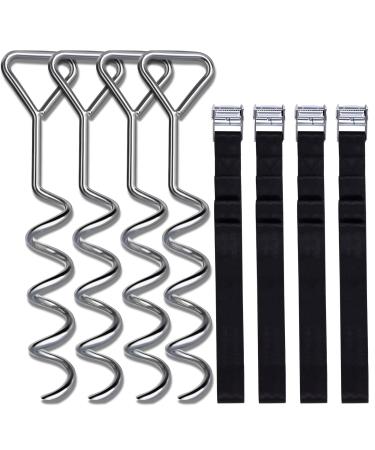 Uekars Trampoline Stakes, Corkscrew Shape Trampoline Anchor kit Steel Spiral Stakes,Heavy Duty Trampoline Parts Tie Down Kit Ground Wind Stake with Belt Straps for Trampolines Tents Swing.- Set of 4