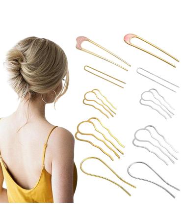 Qiuming 10 pieces Hair STCK CAMM METAL Side combat Hair fork Clip u Form hair comb to put metal hair feasts to stick gold insertion comb for women and girls (silver + gold)