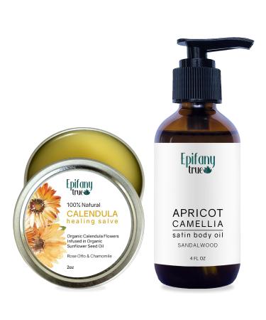 Epifany True Calendula Salve 2oz Dry Skin Soothing Balm Bug Itch Relief | Apricot & Camellia Satin Body Oil 4oz Vitamin-E Rich in Antioxidants Promotes Skin Elasticity Bundle