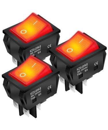 DaierTek 30A 250V KCD2 KCD4 Rocker Switch DPST 4 Pin Red Lighted 120V Rocker Toggle Switch ON Off Heavy Duty T125-3Pack 125V