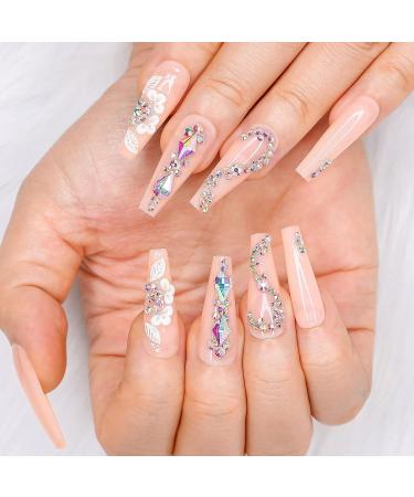 Artquee 24pcs Light Nude Pink Clear Press on Nails - 3D Flower Rhinestone Coffin False Tips for Women - Buy Online on GoSupps.com