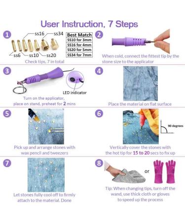 Hotfix Applicator DIY Rhinestone Wand Setter Tool Kit with 7 Tips, Tweezers, Cleaning Brush, 2 Pencils, and 10 Colors of Hot-Fix Crystal Rhinestones - Purple - Buy Online on GoSupps.com
