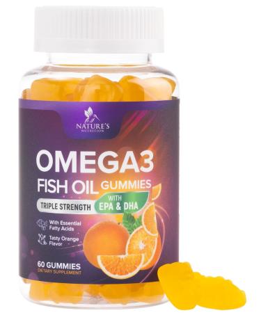 Omega 3 Fish Oil Gummies - 3X Strength Heart Health Support High Absorption Omega 3 Fish Oil Gummy Supplement with DHA & EPA Joint & Brain Support for Adults Delicious Orange Flavor- 60 Gummies 60 Count (Pack of 1)
